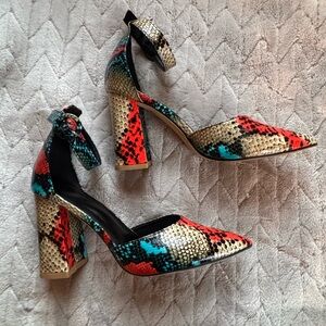 SHEIN | Teal + Coral Snake Print Pointed Toe Chunky Heels